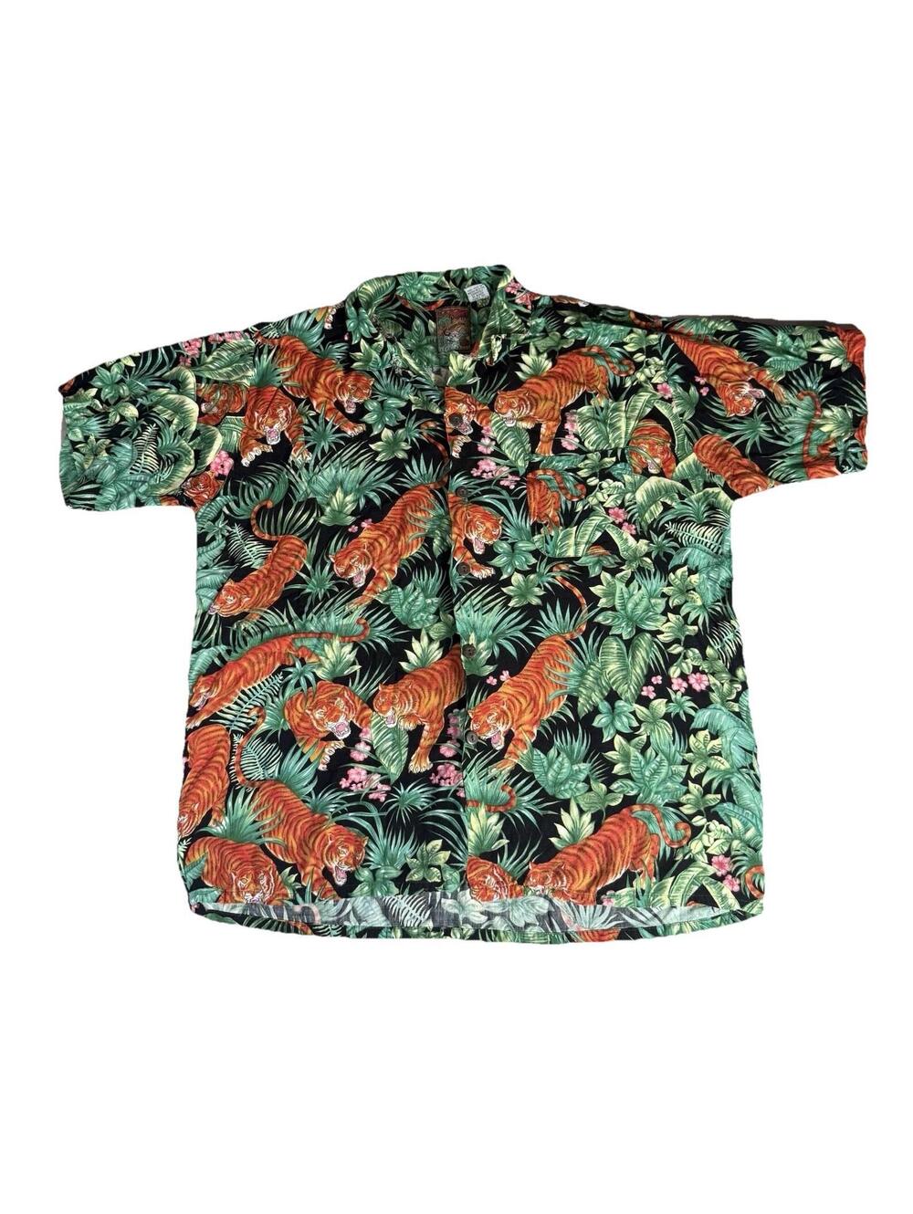 Vintage Hawaiin Shirt Men’s Large Pineapple Connection 90s Rayon Tiger Palms
